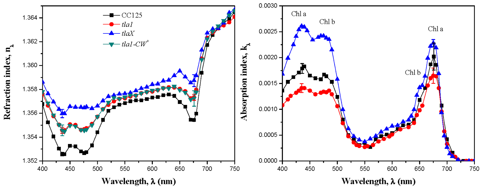 Fig. 2. Comparison of the retrieved refraction and absorption indices between 400 and 750 nm for the green algae C. reinhardtii CC 125 and its truncated chlorophyll antenna transformants tla1, tlaX, and tla1-CW+.